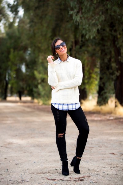 white chunky sweater with blue check boyfriend shirt