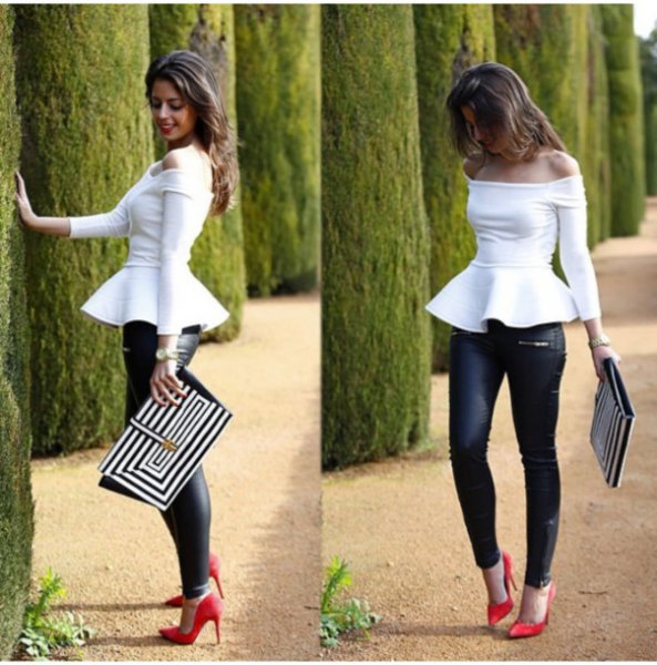 white strapless long sleeve peplum top with black leather pants