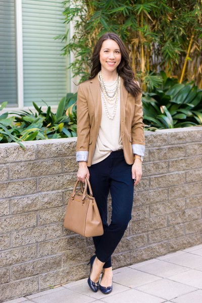 Light pink twist front top with blush blazer and chinos