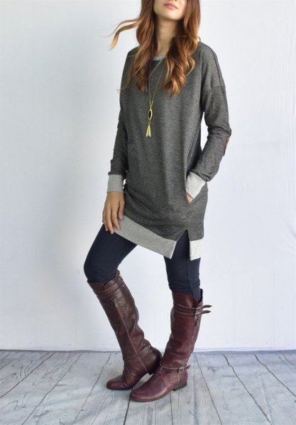 gray block tunic top with dark skinny jeans and knee high leather boots