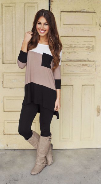 Color block long t-shirt with black leggings and gray leather boots