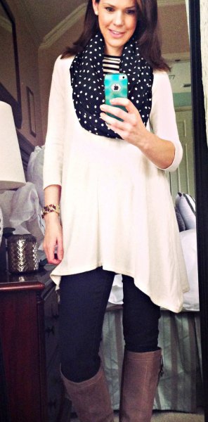 white tunic top with three quarter sleeves and black polka dot infinity scarf