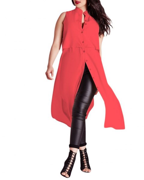 red sleeveless extra long tunic top with black leather leggings