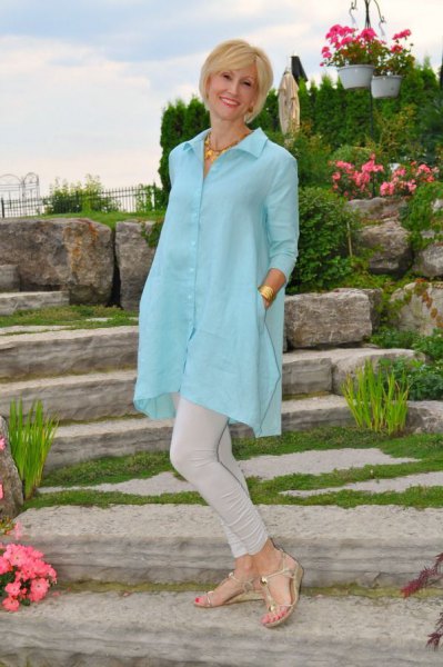 sky blue, extra long tunic shirt with light gray skinny jeans
