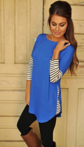 Royal blue and black and white striped extra long tunic top with leggings