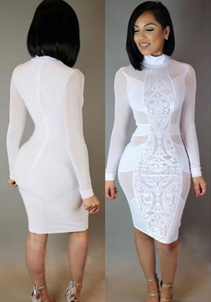 White Semi Sheer Bodycon Long Sleeve Club Dress