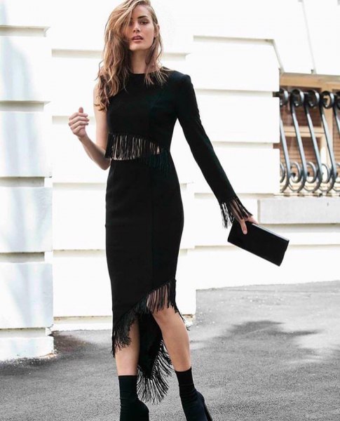 asymmetrical midi dress with flapper and one sleeve