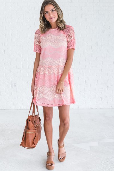 Cream short sleeve mini dress with pink platform sandals