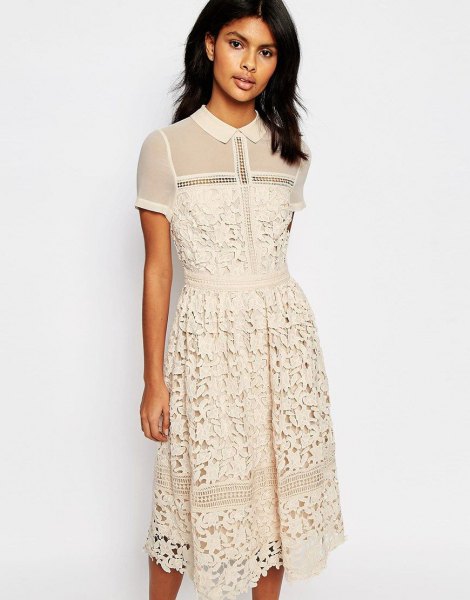 Cream collared semi-sheer lace midi dress