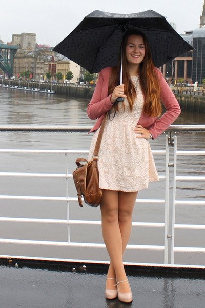 white fitted and flared mini dress with blush pink cardigan