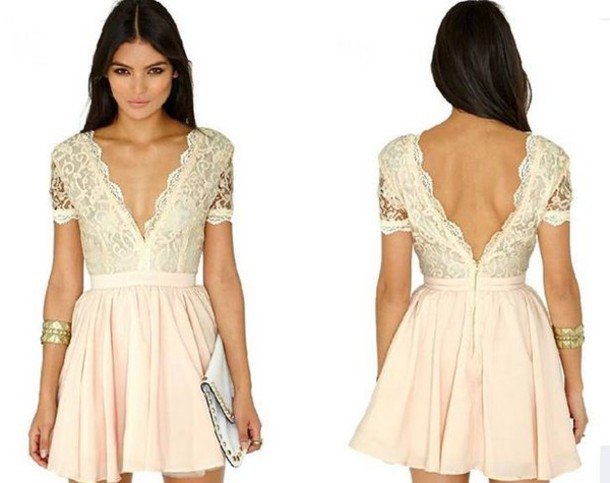 Two tone cream mini pillow dress with a deep V-neckline and a low back