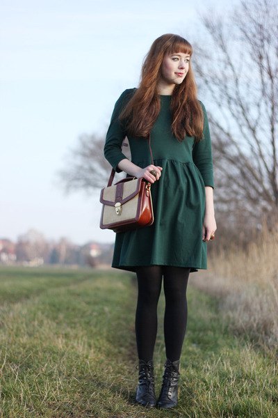 Forest green long sleeve fit and flare dress