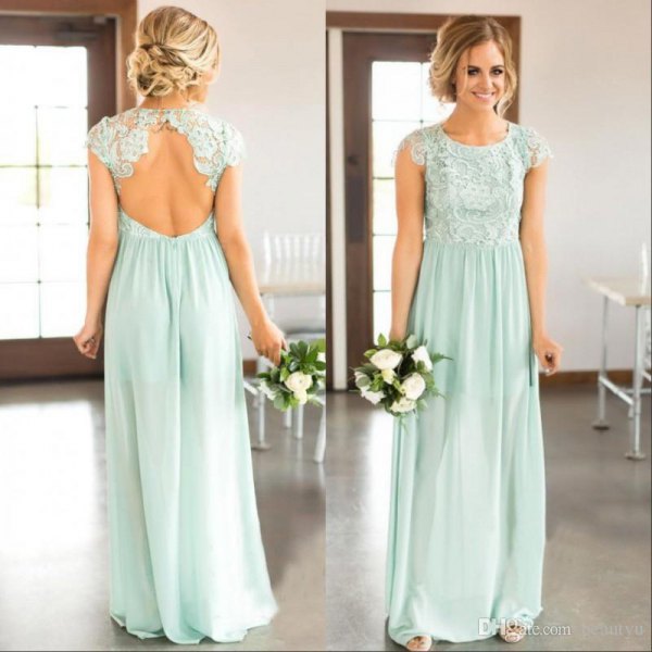 Backless mint green maxi mint bridesmaid dress with white lace heels