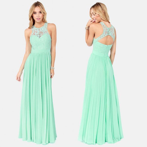 light green neckline at back and flared bridesmaid dress