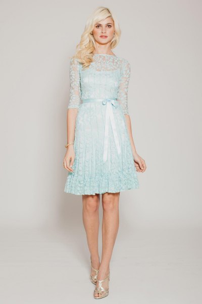 Light blue sheath dress made of lace, semi-transparent