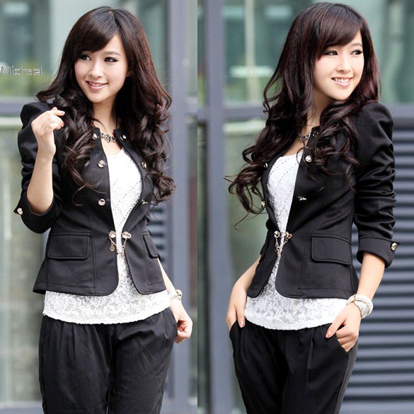 black fitted cotton blazer with lace top and loose fitting pants