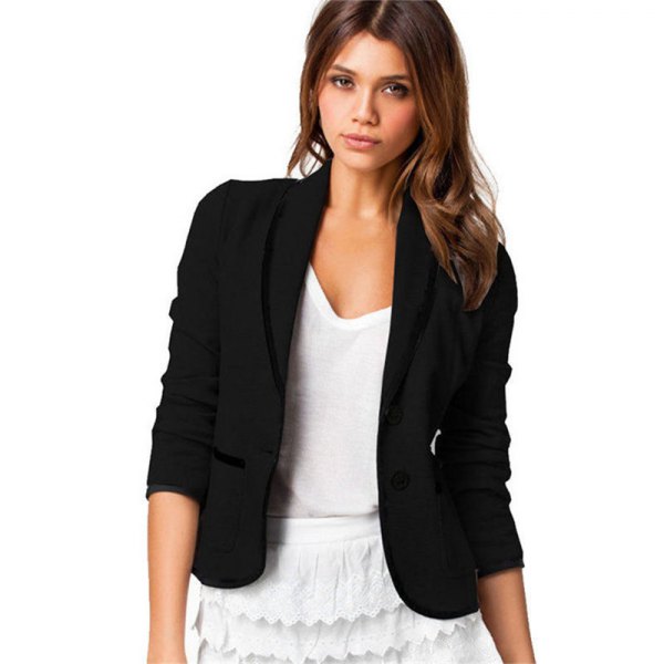 black cropped cotton blazer with white mini skirt and scalloped edge