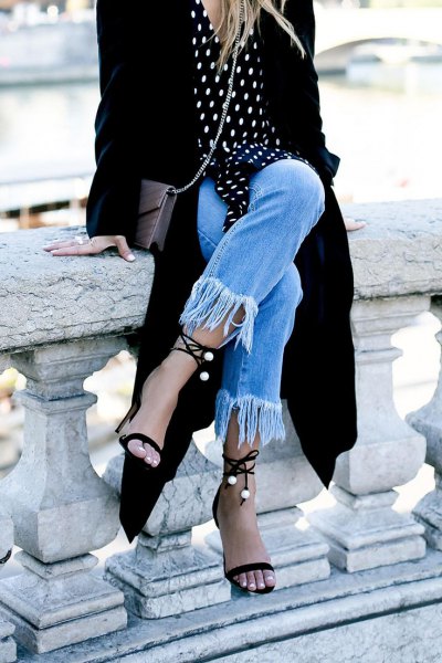 Black and white polka dot shirt with black maxi cardigan and jeans