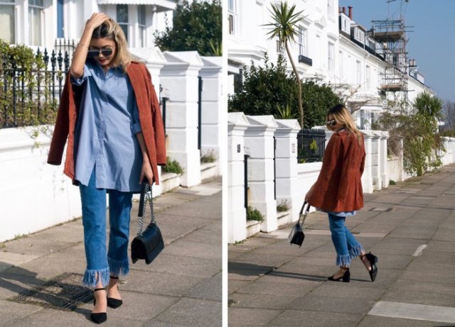 Chambray shirt with a brown corduroy blazer and jeans with a fringed hem