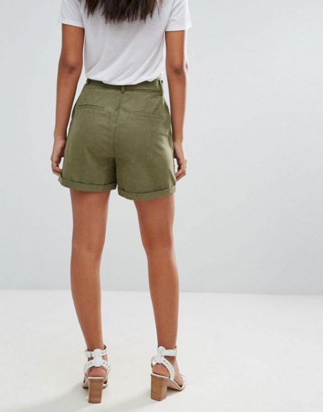 white t-shirt green cargo shorts sandals