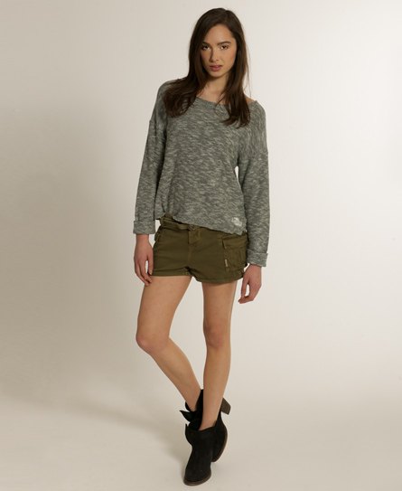 Gray Heather Comfortable Sweater Khaki Cargo Mini Shorts