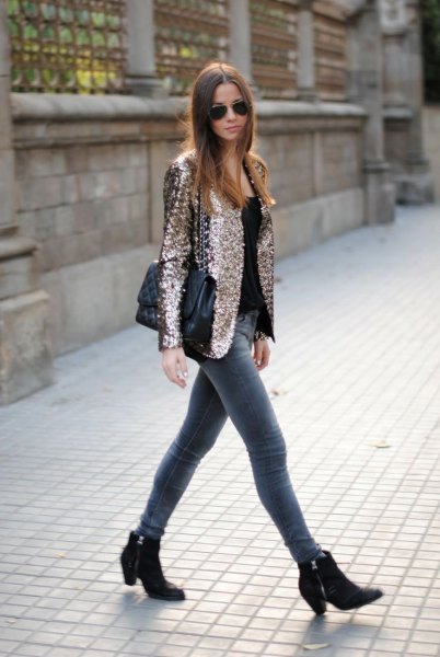 Rose gold sequin blazer jacket with gray skinny jeans