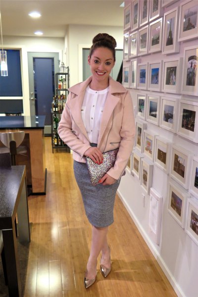rose gold leather jacket with gray heather pencil skirt