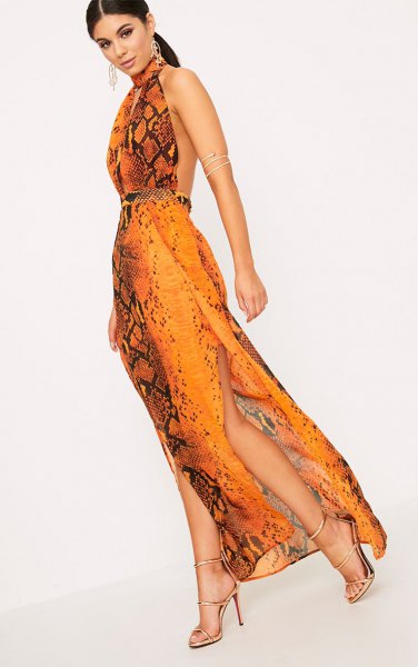 Backless maxi halterneck silk dress in orange and black