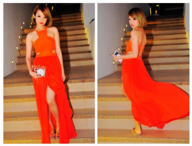 Orange maxi dress with halter neck and low back
