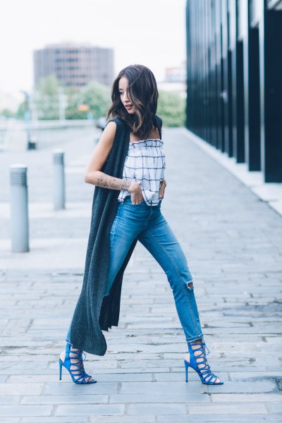 white and blue plaid tube top with maximum gray cardigan