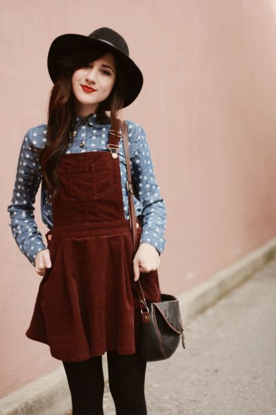 gray polka dot shirt, burgundy pinafore dress