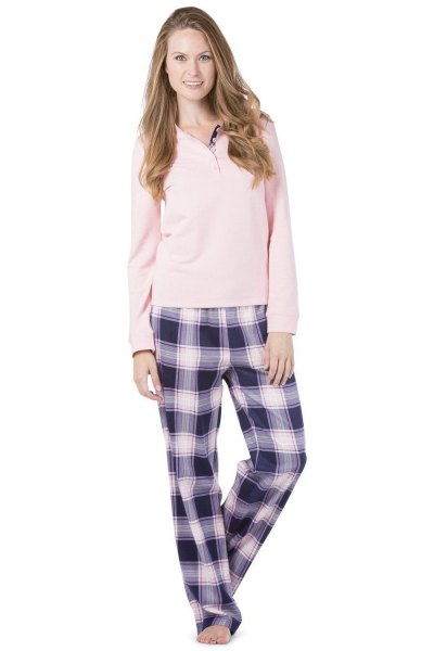 light pink sweater long sleeve t-shirt with black and white plaid pants