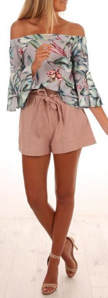 pink and white floral print strapless shirt and flowy mini shorts