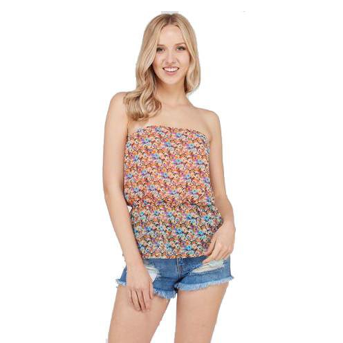 Orange and blue floral print strapless top with mini jean shorts
