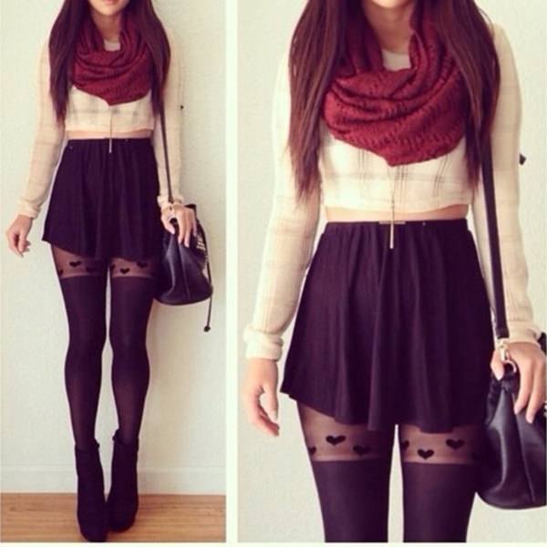 white cropped blouse with red infinity scarf and mini skirt