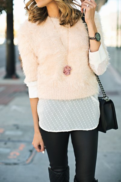 pink fitted fuzzy sweater with white chiffon blouse and leather leggings