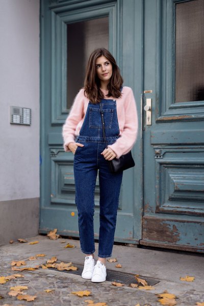 Blush sweater with blue denim overall