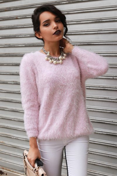 pale pink fuzzy sweater with white skinny jeans