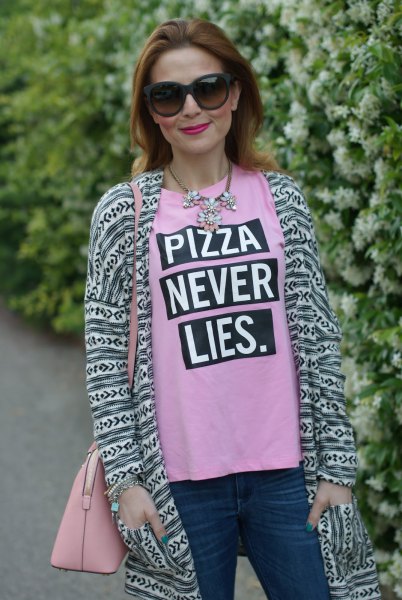 pink printed t-shirt with longline cardigan in tribal style