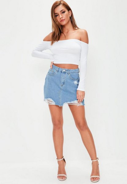 white off shoulder long sleeve crop top with mini skirt