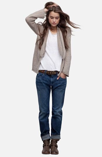 gray cardigan with white t-shirt and dark blue loose fitting jeans
