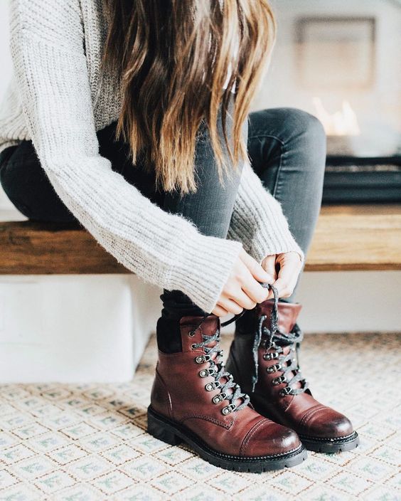 Leather hiking boots brown sweater