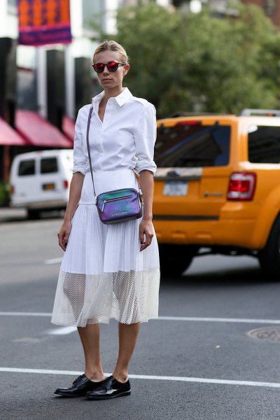 white button down shirt, midi chiffon skirt and black leather derby shoes