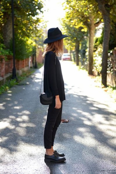 black felt hat with sweater with leather derby shoes