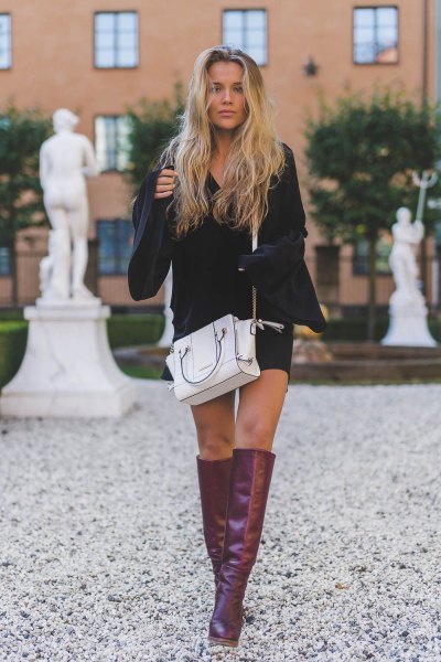 black dress with bell sleeves, gray leather knee high boots