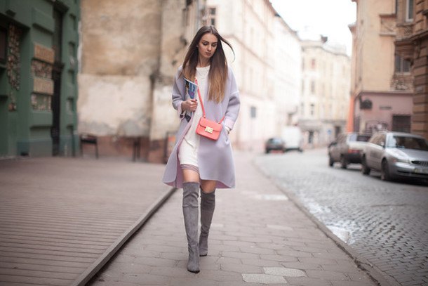 Suede boots white sweater dress gray long coat
