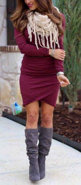 Gray suede knee high boots, burgundy bodycon wrap dress