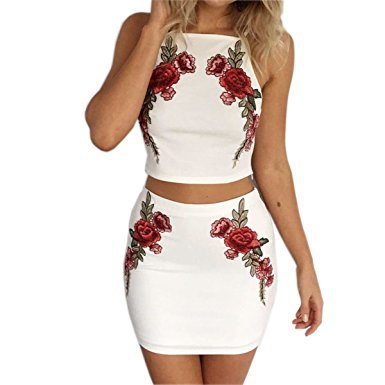 white halter dress with floral embroidery and two-piece dress