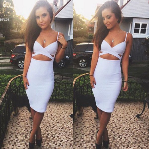 White Plunging Bodycon Midi Dress with Deep V-Neck at Front