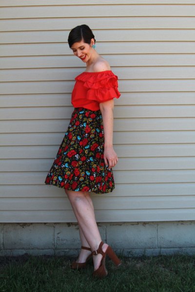red ruffles off the shoulder blouse, high waisted floral flared midi skirt
